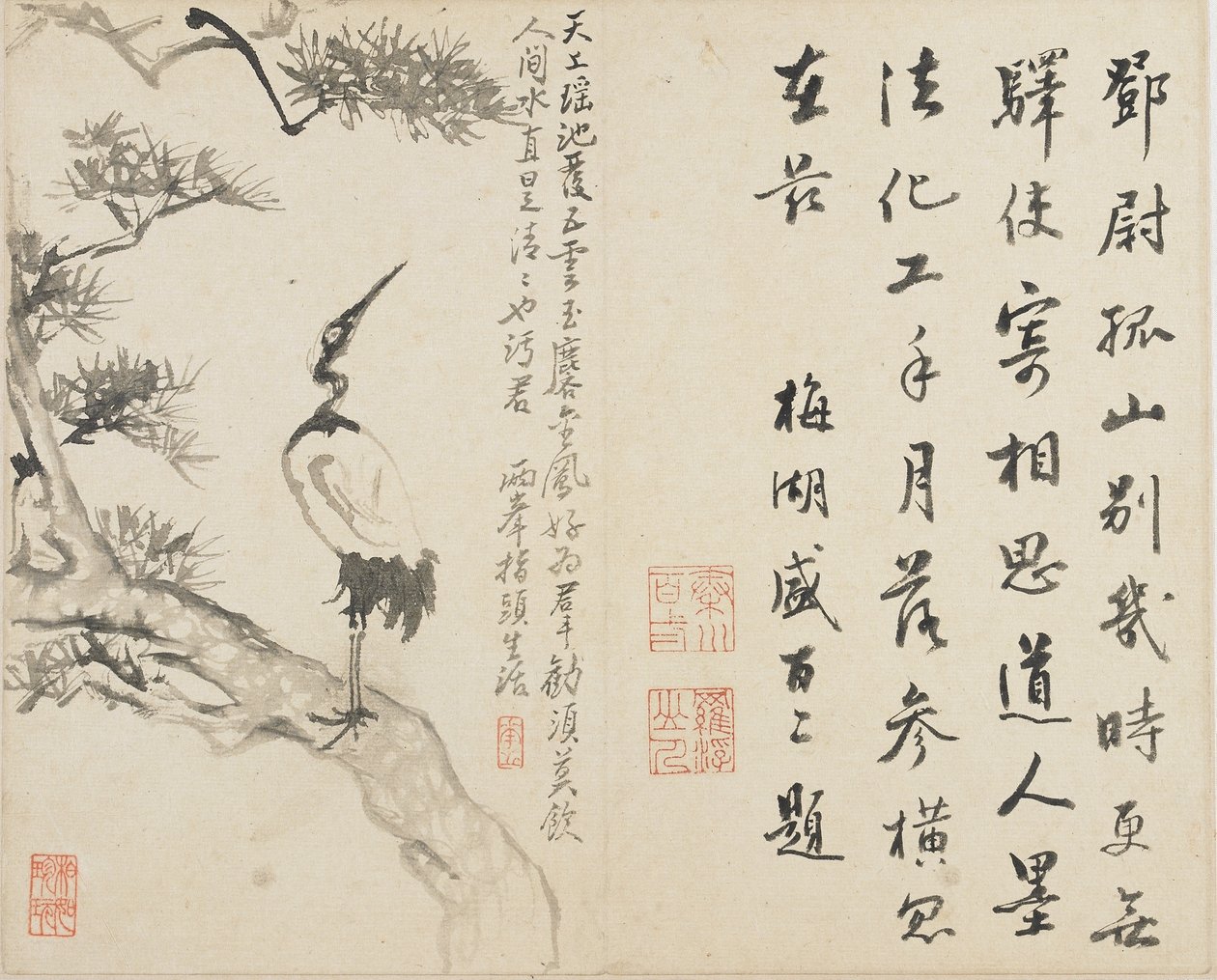 Landschaften, Blumen und Vögel: Kranich auf Kiefer, Qing-Dynastie, 1780 von Luo Ping