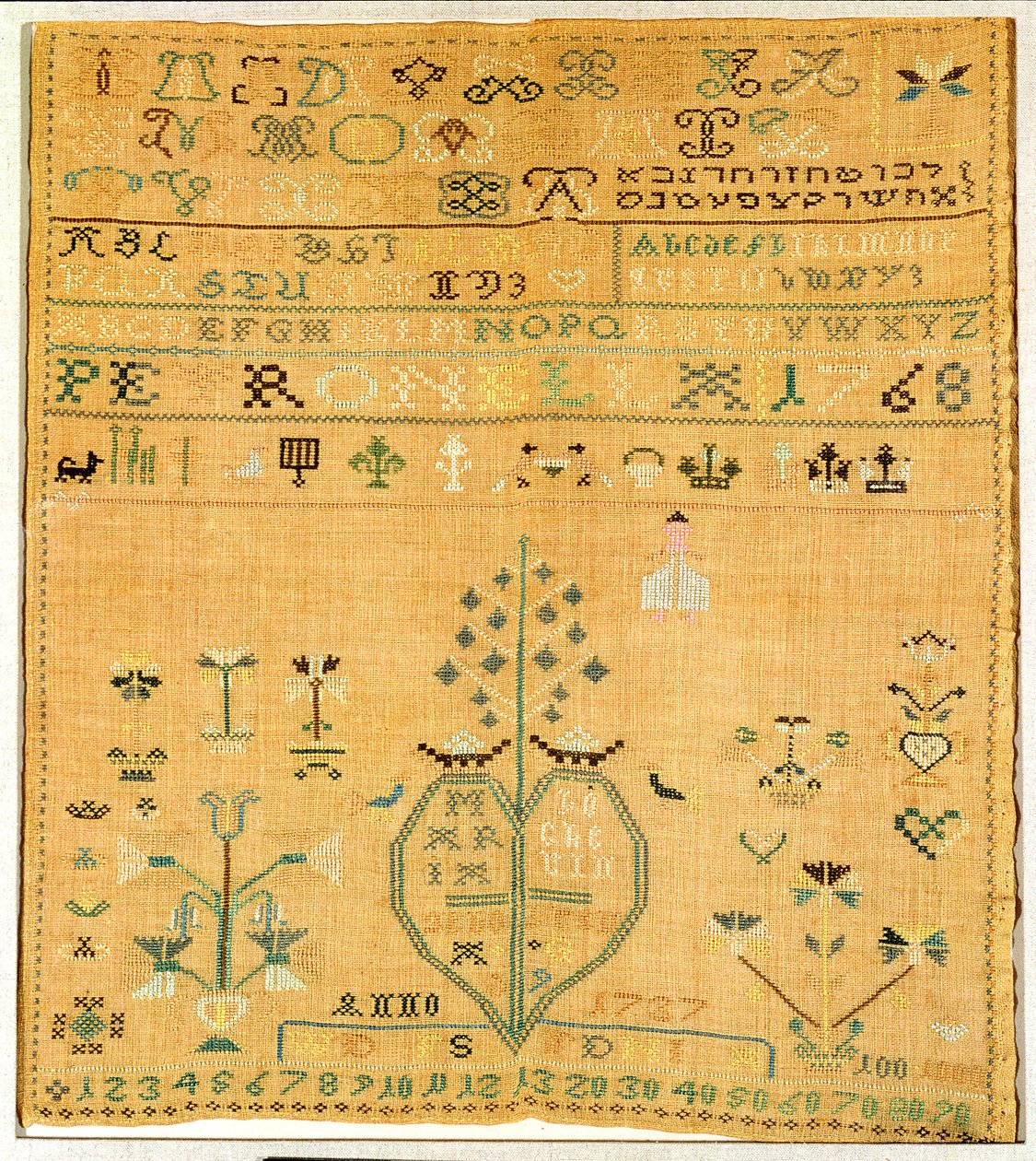 Gesticktes Muster, fertiggestellt 1768 von Maria 1737 91 Hocker