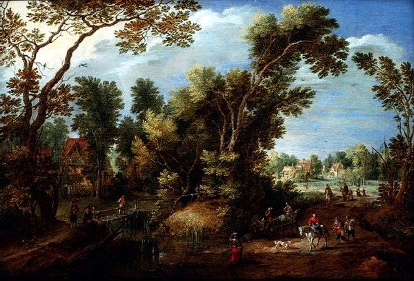 Bewaldete Flusslandschaft mit Figuren von Marten Ryckaert