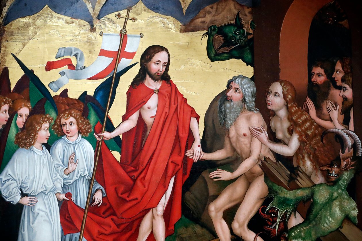 Jesus zieht Adam und Eva bei der Auferstehung aus ihren Gräbern von Martin Schongauer
