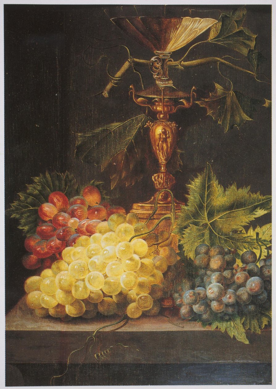 Ausschnitt eines Stilllebens mit Pokal und Trauben von Martina Adriana Maria van Toulon