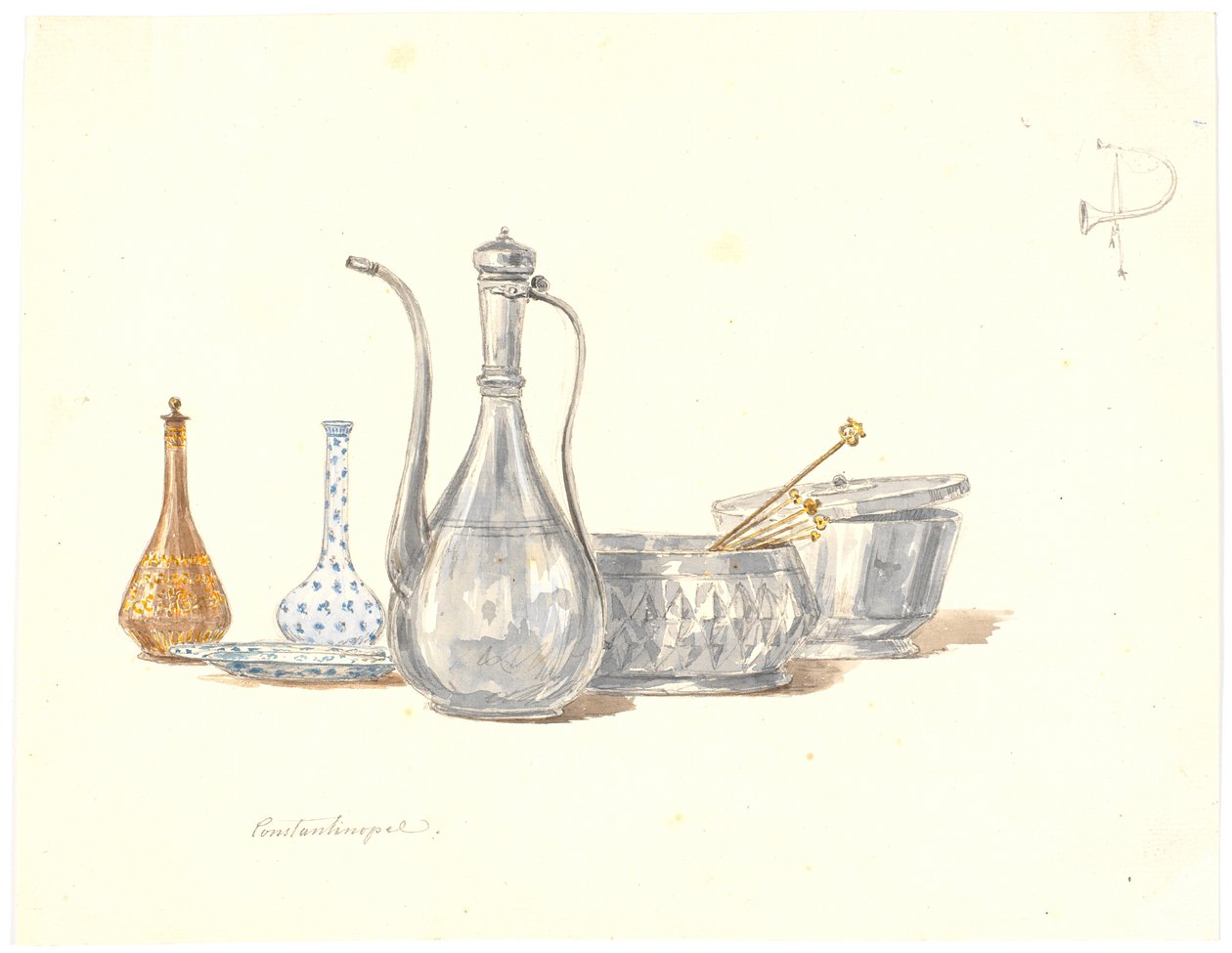 Türkische Gefäße, eine Kanne und zwei Flakons von Martinus Rørbye