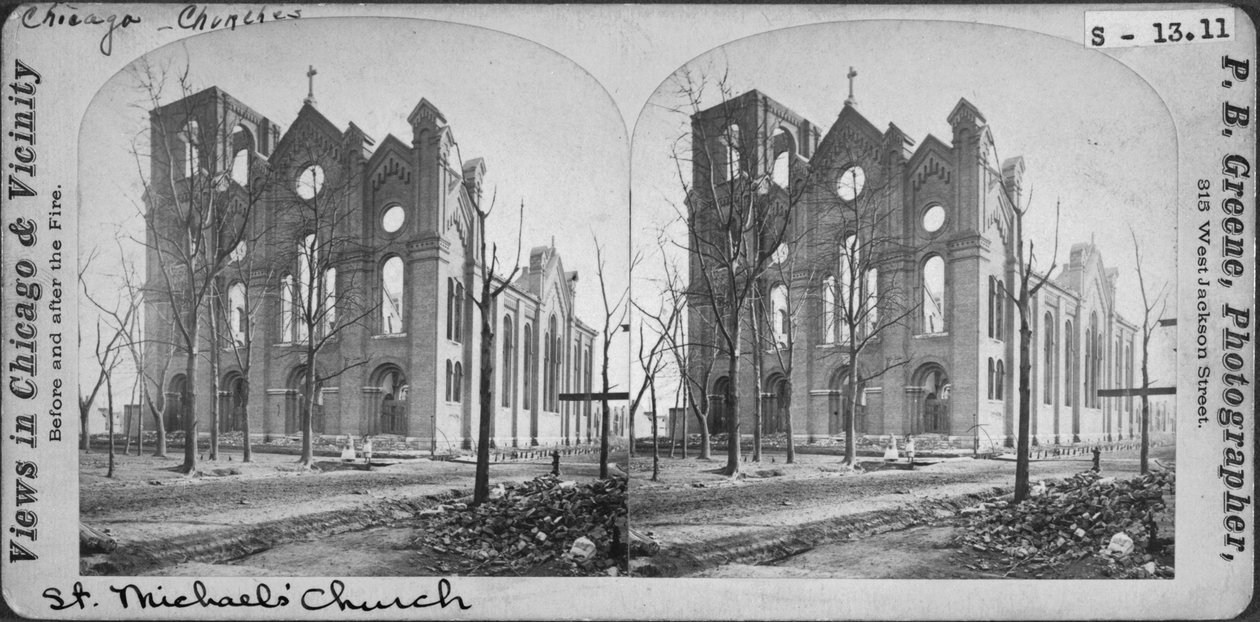Stereograph der St. Michaels Church nach dem Chicago-Feuer von 1871, 1871 von Mary C. Greene
