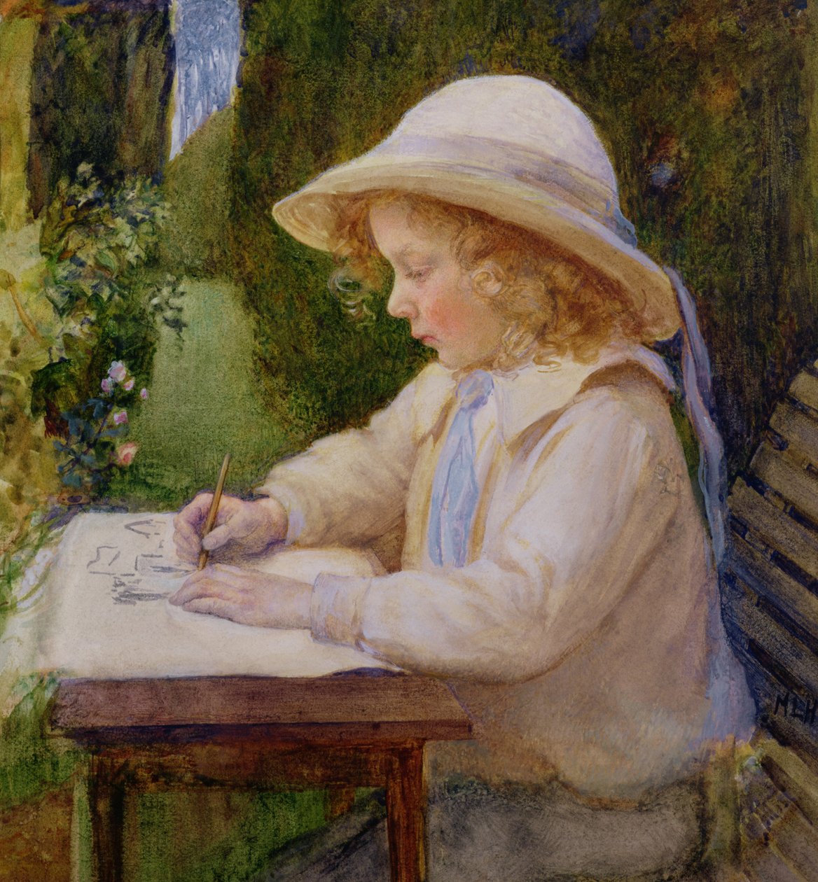 Mädchen zeichnet auf einem Gartentisch (Studie) von Mary Harcourt