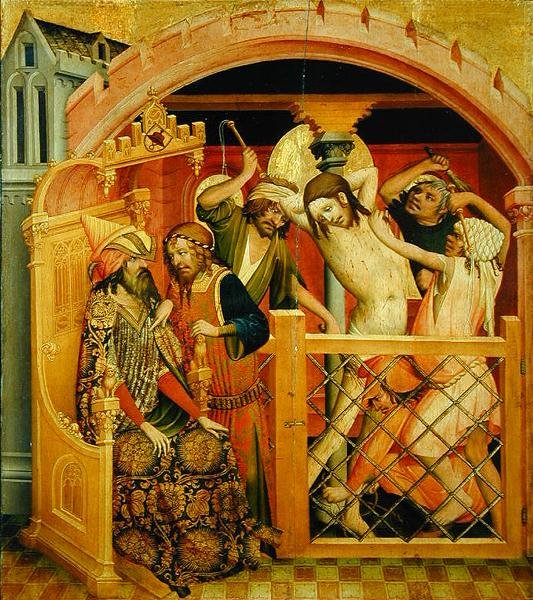 Die Geißelung Christi, Tafel vom St. Thomas Altar aus der St. Johanniskirche in Hamburg, begonnen 1424 von Master Francke Master Francke