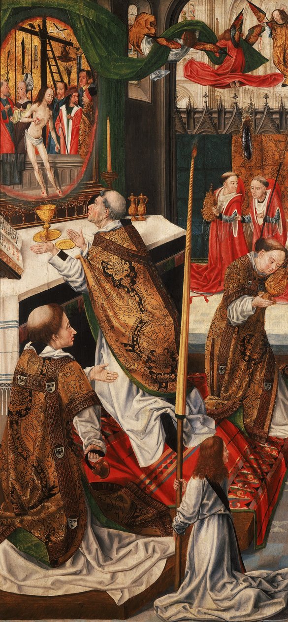 Triptychon mit Szenen aus der Passion Christi (Rückseite des linken Flügels) Messe des Heiligen Gregor von Master of Aachen the Altarpiece