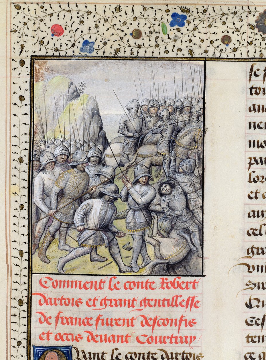 Die Flamen besiegen die französische Armee in der Schlacht der Goldenen Sporen bei Courtrai, 1302 von Master of Mary of Burgundy