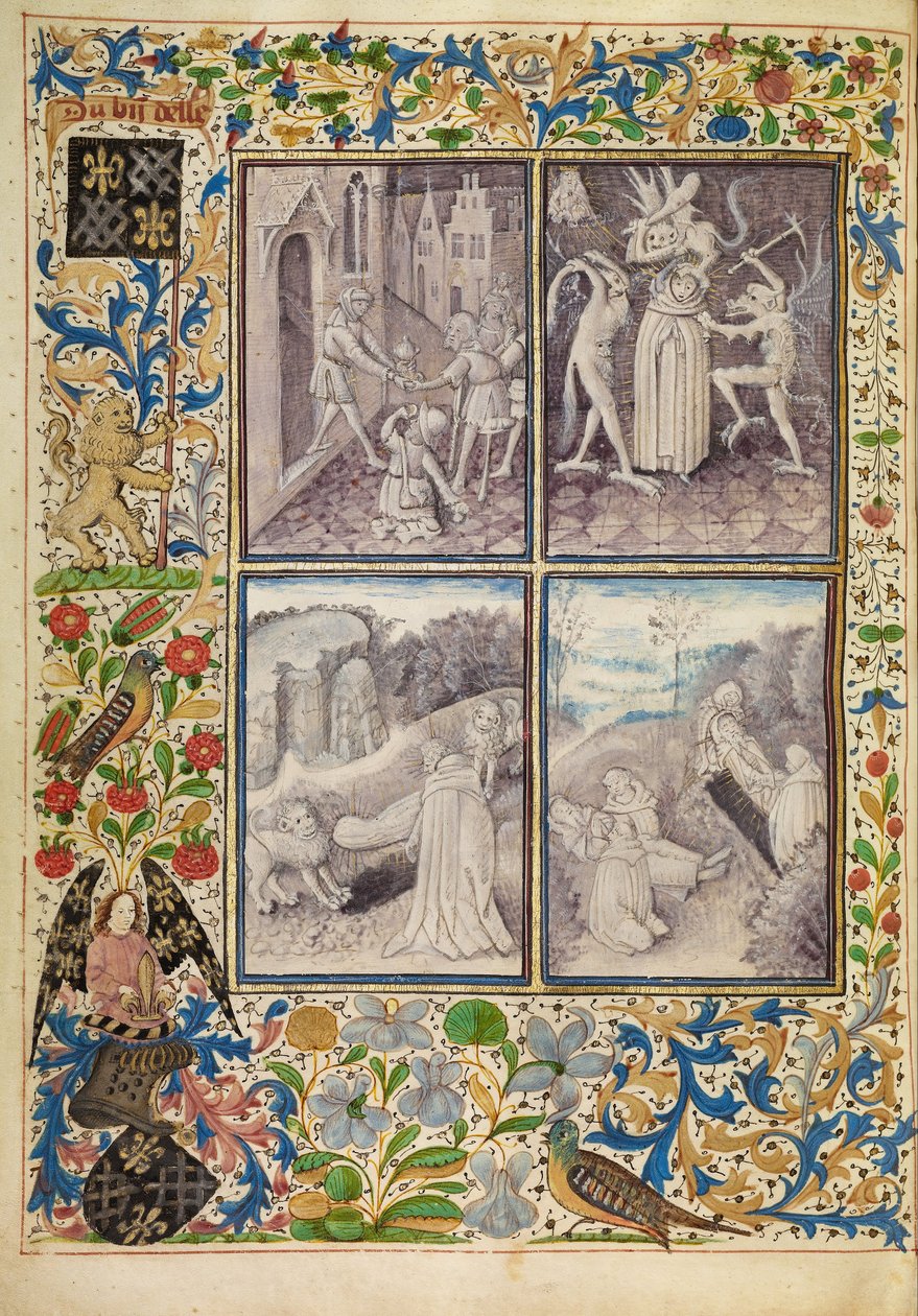 Der heilige Antonius gibt seine Kleidung den Armen; Antonius leidet unter Versuchungen; Antonius begräbt Paulus in der Wüste; Der Tod und das Begräbnis des heiligen Antonius von Master of the Brussels Romuléon or workshop
