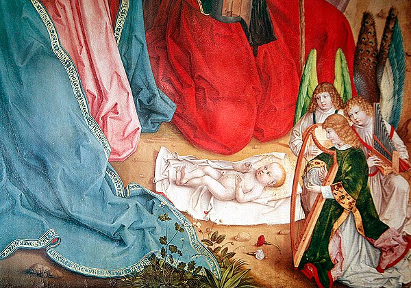 Detail der Anbetung der Hirten, linkes Seitenpanel des Retabels am Hochaltar, 1480 (Detail) von Master of the Carnation