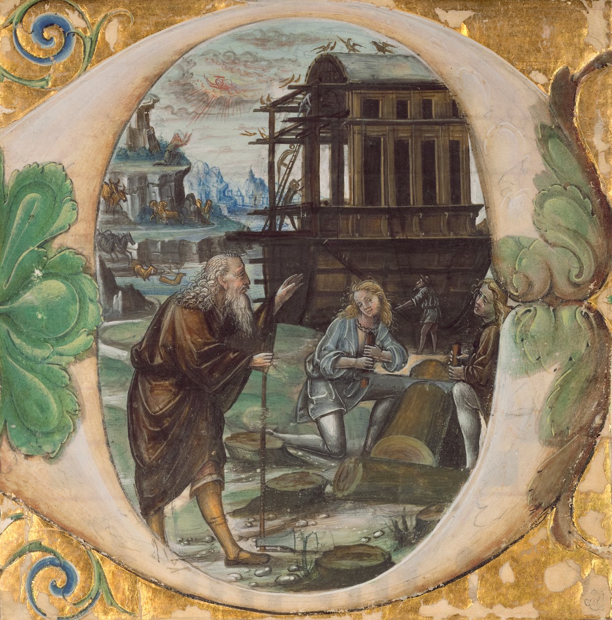 Initiale D: Noah leitet den Bau der Arche, ca. 1500 von Master of the Monogram B.F Master of the Monogram B.F