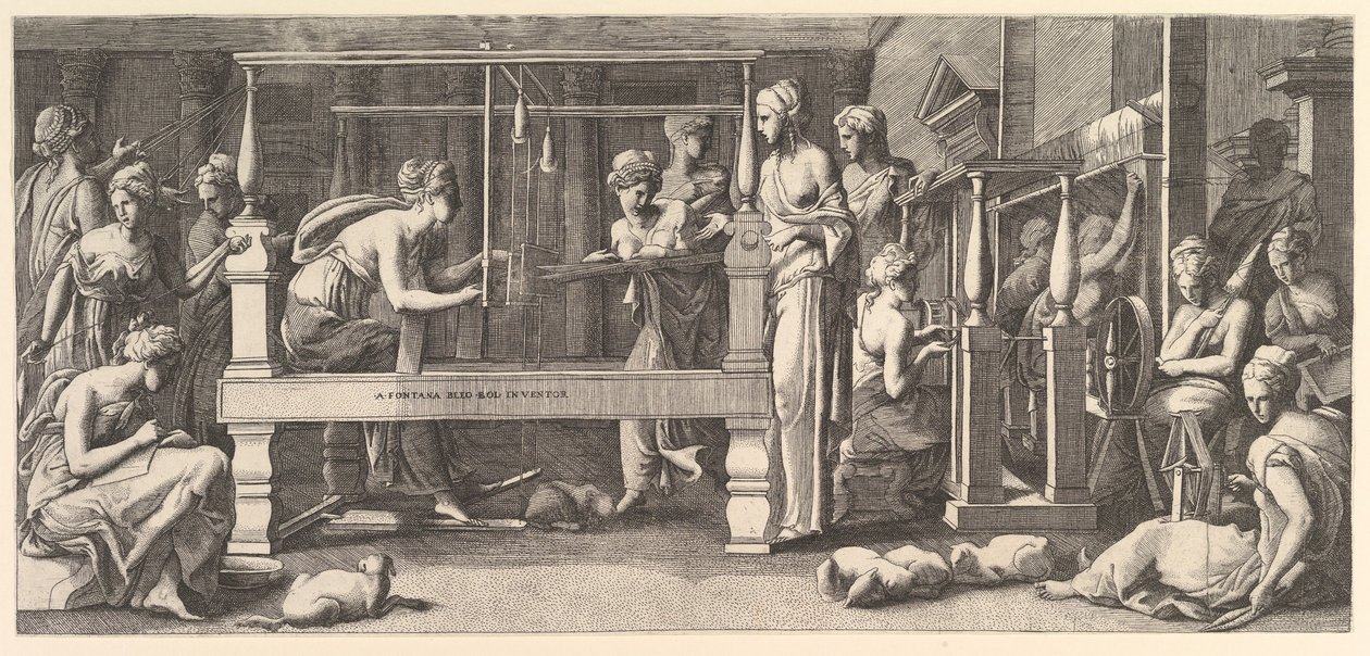 Frauen beim Spinnen, Weben und Nähen, 1540-50 von Master FG
