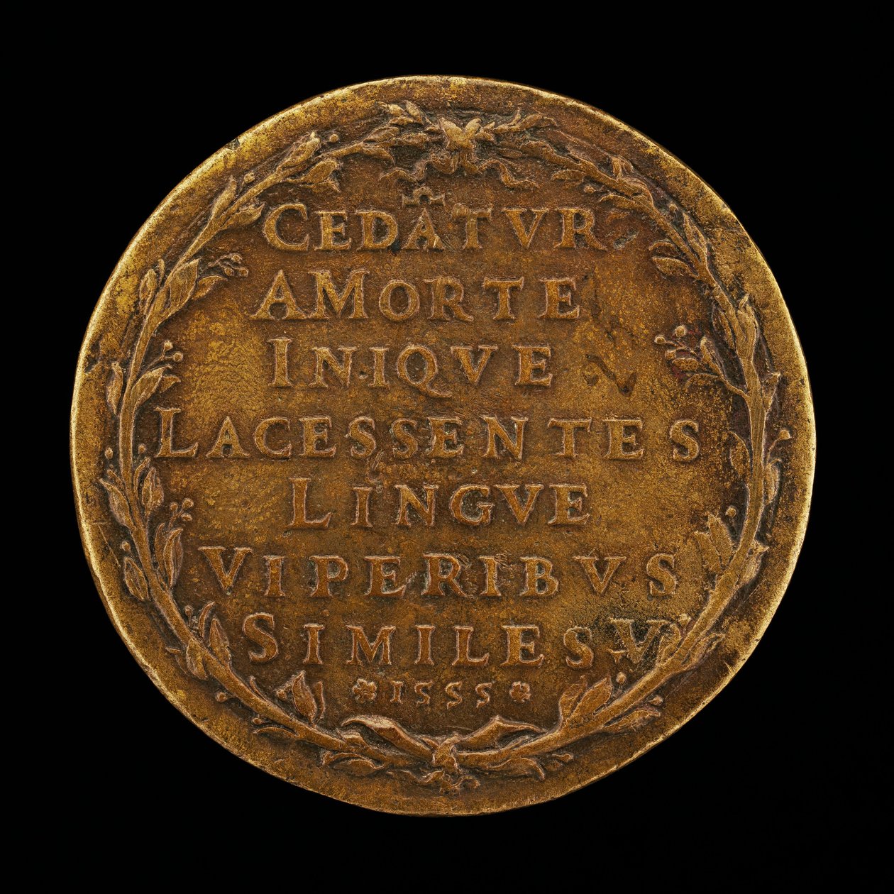 Inschrift in einem Lorbeerkranz [Rückseite], 1555 von Master I.A.V.F.