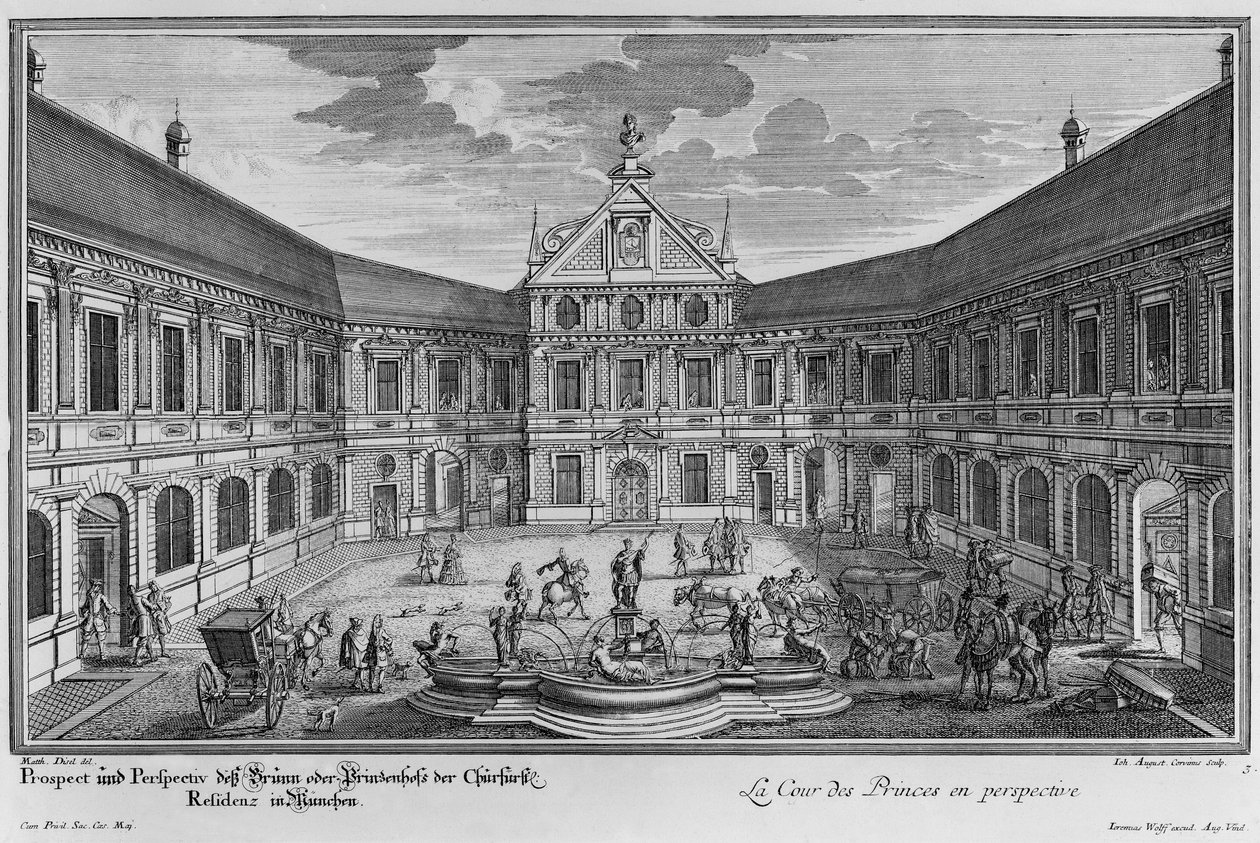 Palast in München, Deutschland, gestochen von Johann August Corvinus von Matthias Diesel