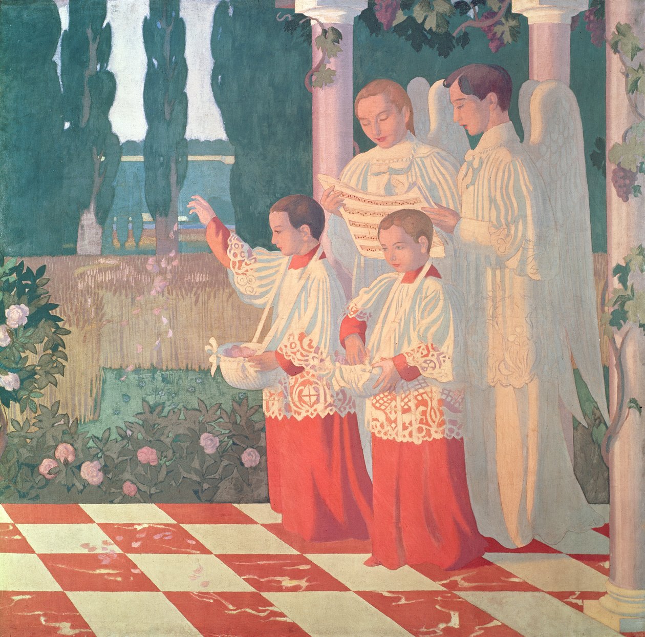 Erhöhung des Heiligen Kreuzes und die Verherrlichung der Messe, rechte Seite des Mittelpanels eines Altars aus der Chapelle du Collège Sainte-Croix du Vesinet, 1899 von Maurice Denis
