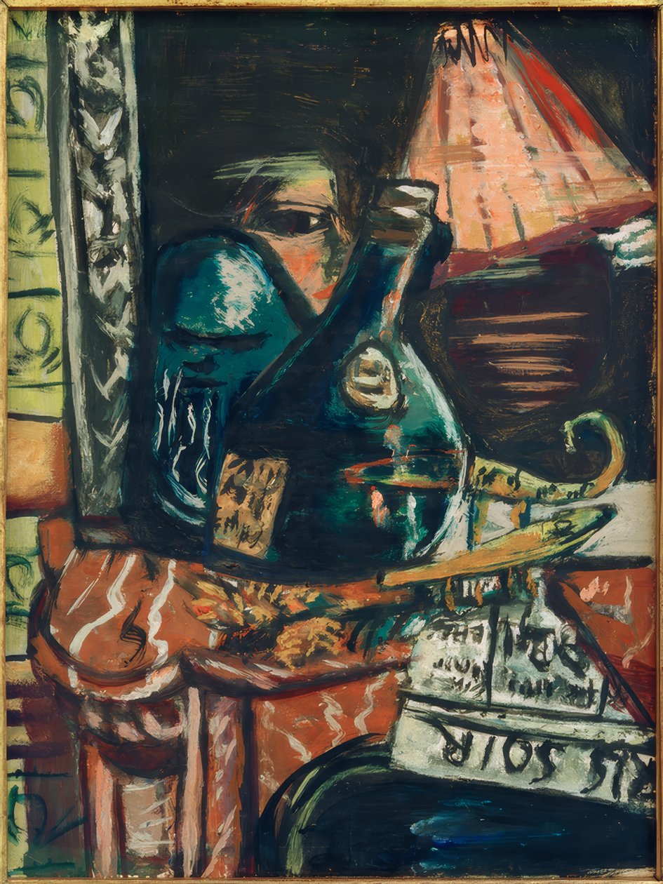 Stilleben mit schiefer Schnapsflasche und Buddha von Max Beckmann