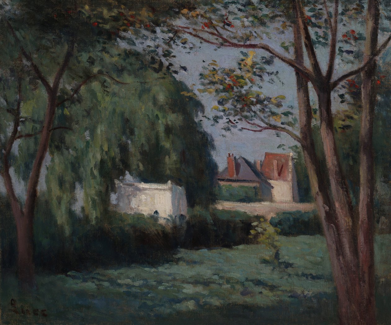 Landschaftsszene mit drei Häusern und Bäumen von Maximilien Luce