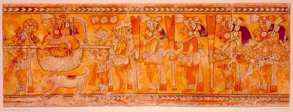 König in einer Sänfte getragen mit einem Hund, Priestern und Wachen von Mayan