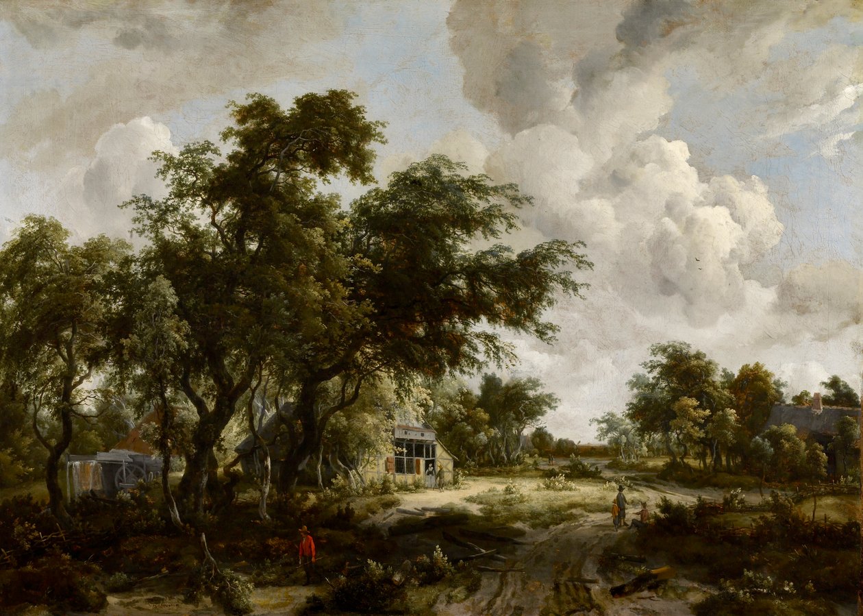 Dorf mit Wassermühle zwischen Bäumen von Meindert Hobbema