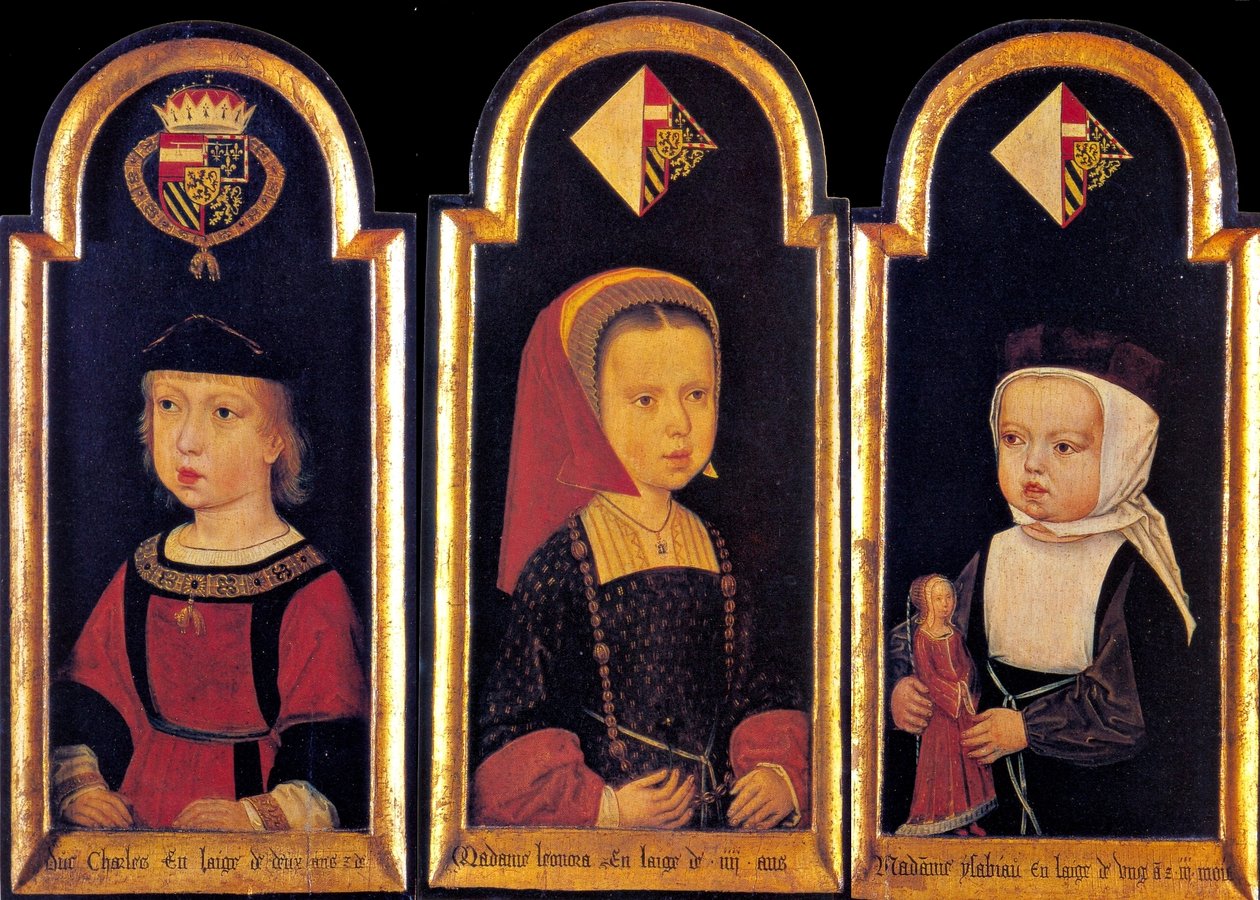 Erzherzog Karl, der spätere Heilige Römische Kaiser Karl V., mit seinen Schwestern Eleonore und Isabella im Alter von 2 Jahren von Meister der St. Georgsgilde der St. Georgsgilde