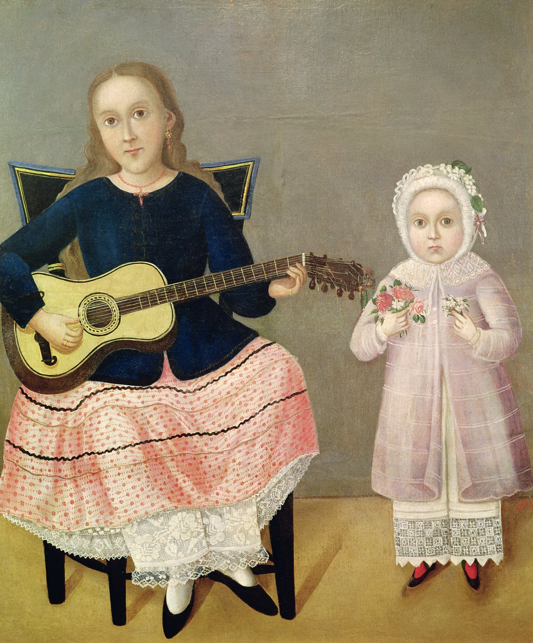 Junges Mädchen mit Gitarre und Kind mit Blumenstrauß von Mexican School