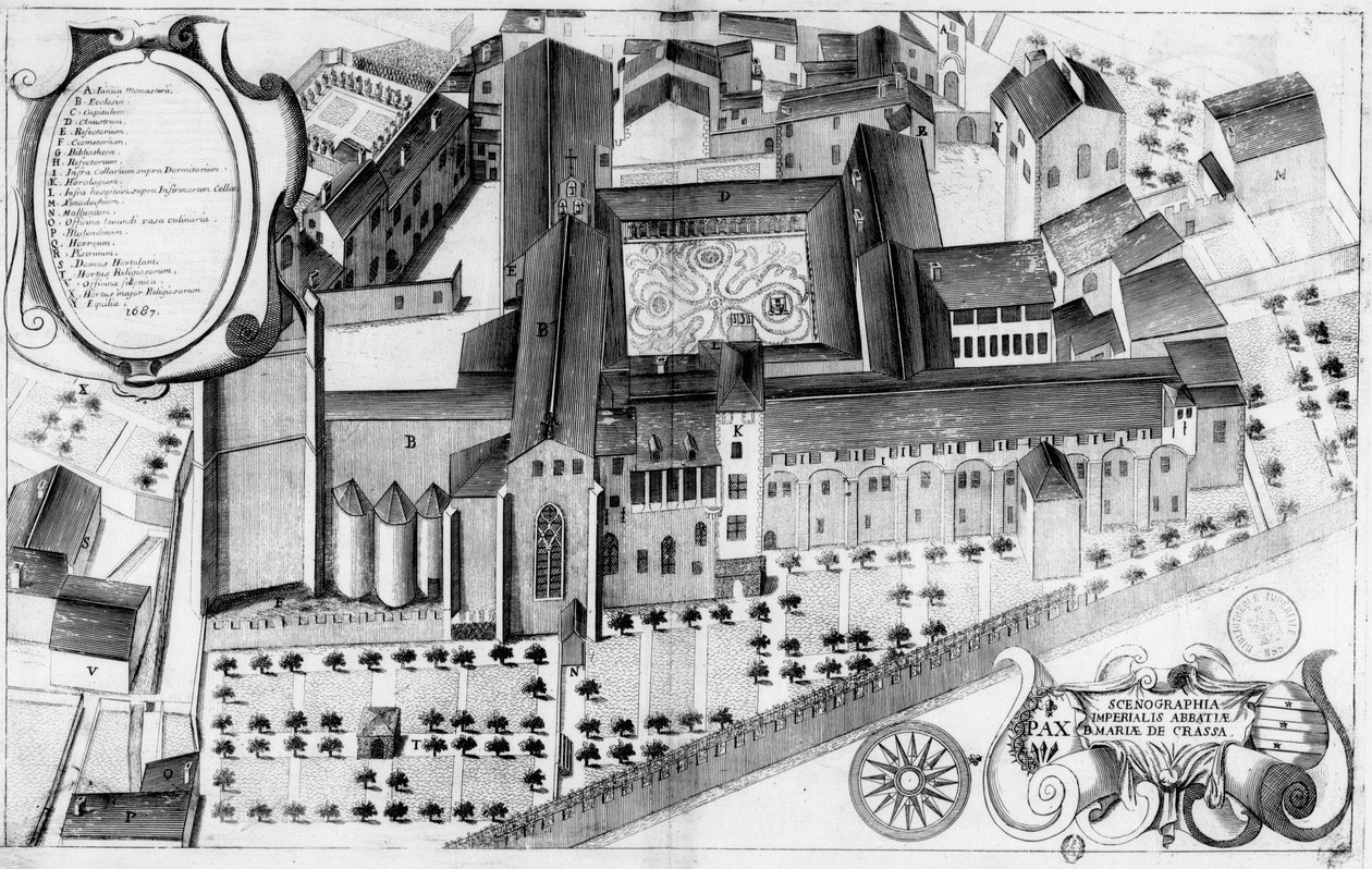 Gravierte Tafel des 17. Jahrhunderts, die die Abtei Sainte-Marie de Lagrasse in Frankreich im Buch Monasticon Gallicanum darstellt von Michel Germain