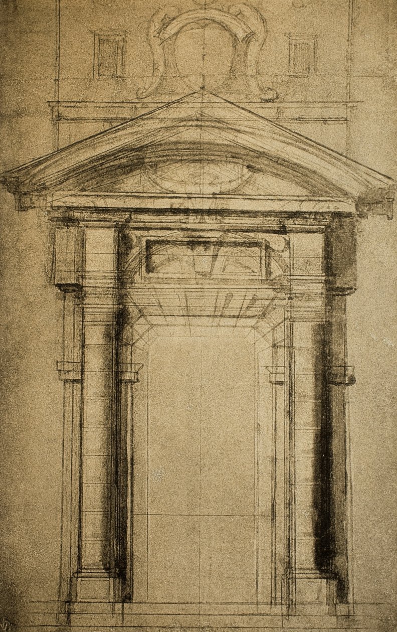 Architektonische Skizze einer Tür mit einem Wappen von Michelangelo Buonarroti