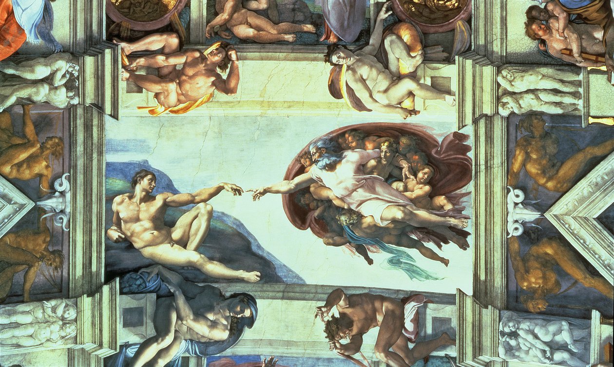 Sixtinische Kapelle: Erschaffung Adams, 1510 (nach der Restaurierung) von Michelangelo Buonarroti
