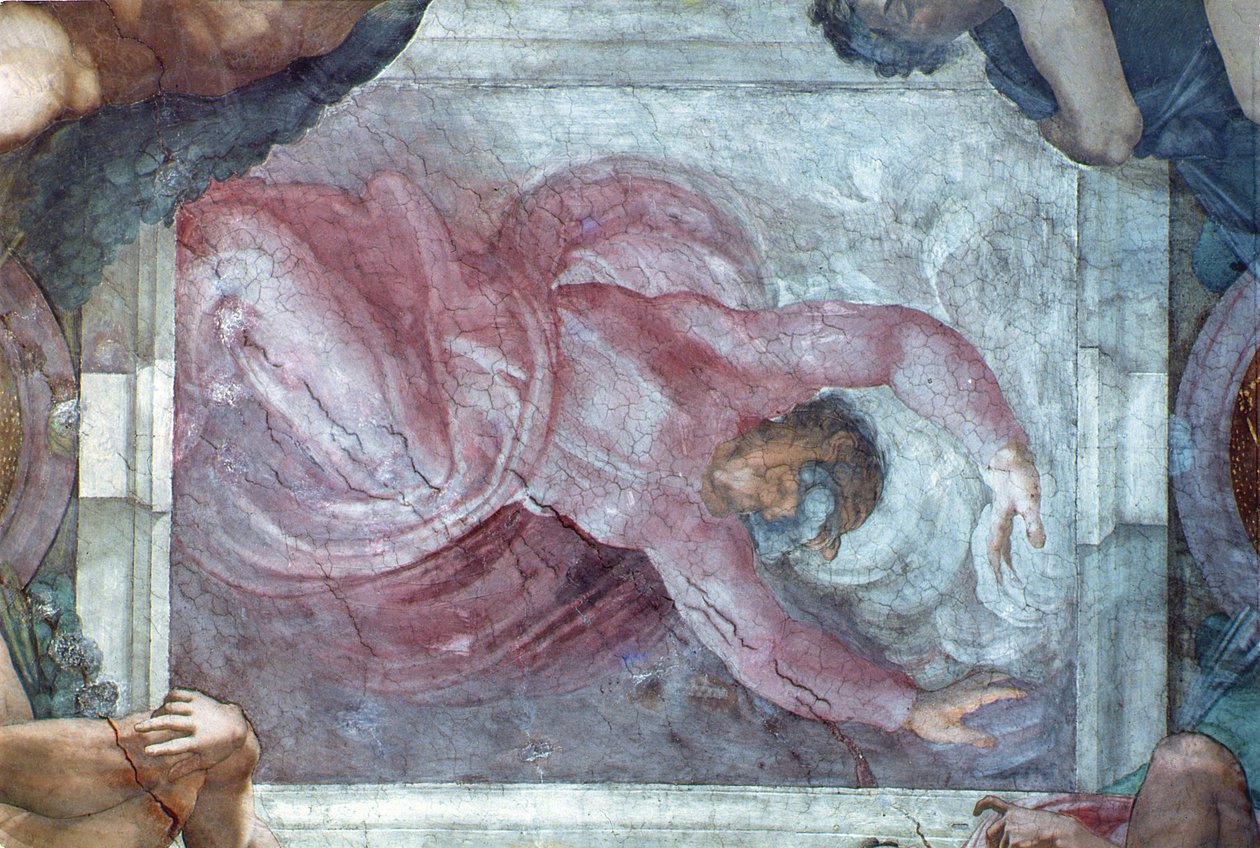 Sixtinische Kapelle Decke: Gott trennt Licht von Dunkelheit (vor der Restaurierung) von Michelangelo Buonarroti