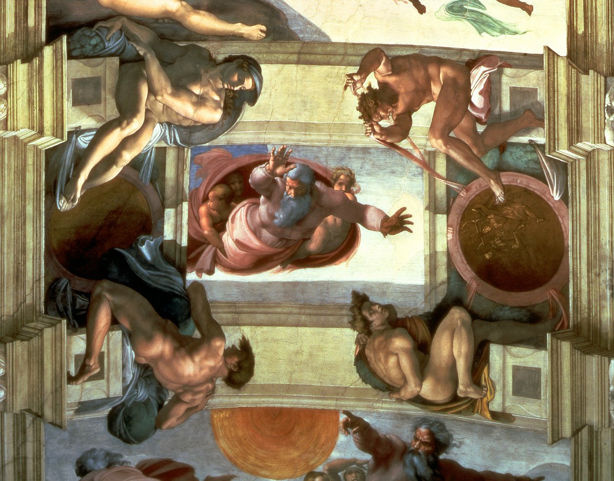 Sixtinische Kapelle Decke: Gott trennt das Land vom Meer, mit vier Ignudi, 1510 (nach der Restaurierung) von Michelangelo Buonarroti