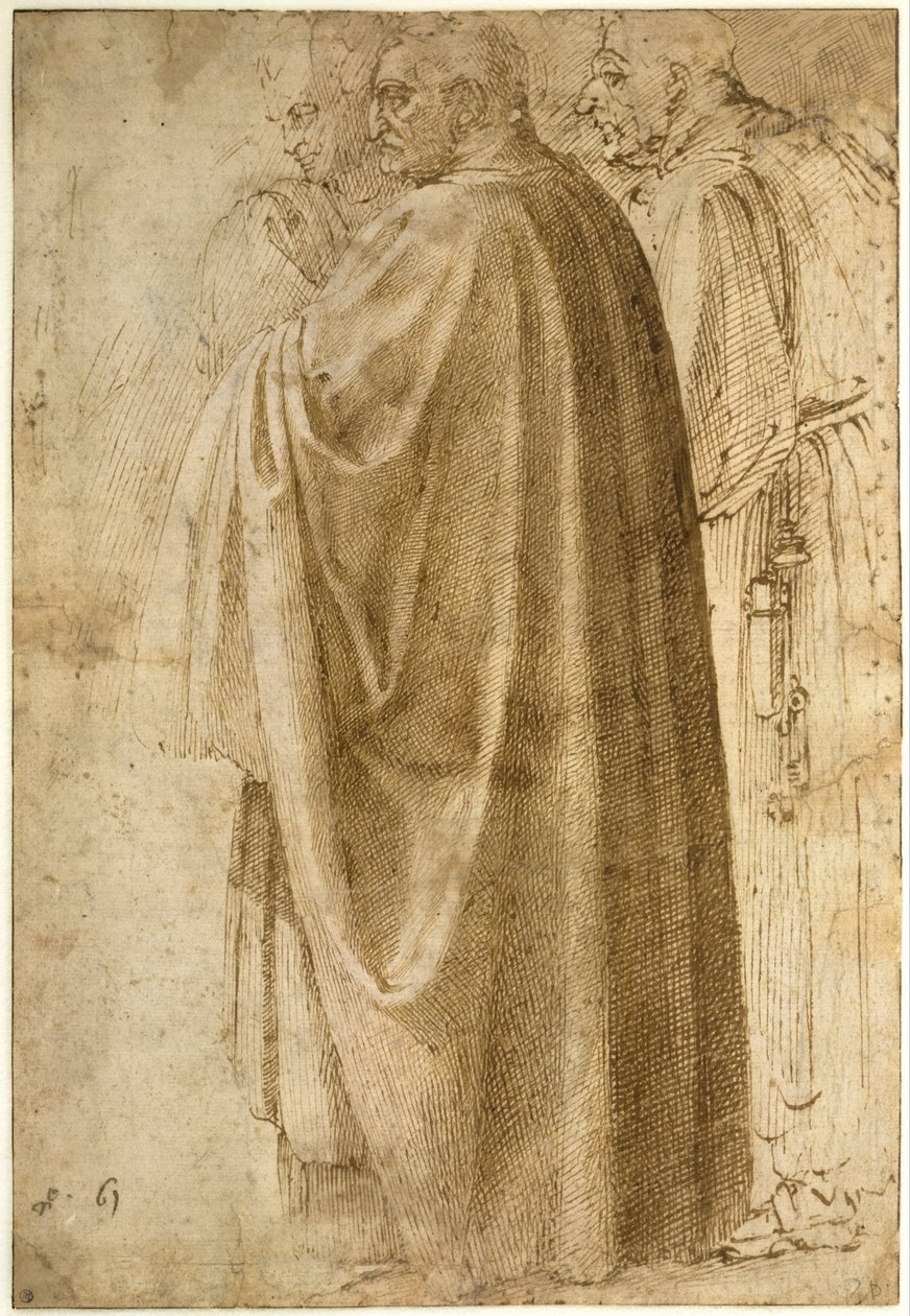 Drei stehende Männer in weiten Mänteln von Michelangelo Buonarroti