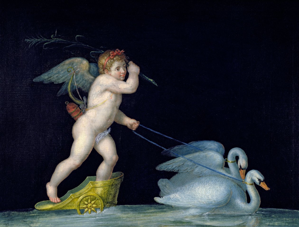 Amor wird von einem Paar Schwäne geführt von Michelangelo Maestri