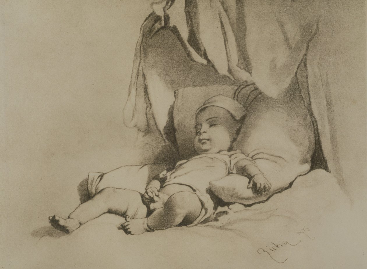 Schlafendes Baby auf Bett von Mihaly von Zichy