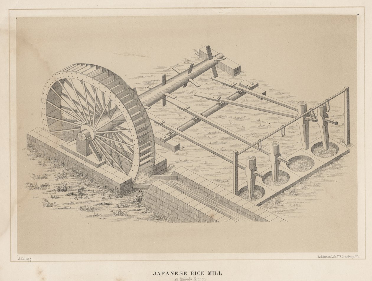 Japanische Reismühle in Simoda, Nippon, 1855 von Miner Kilbourne Kellogg