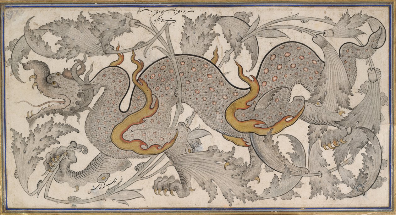 Drache im Laub (Zeichnung, recto); Kalligraphie, (verso) von Mir Sayyid Muhammad Naqqash