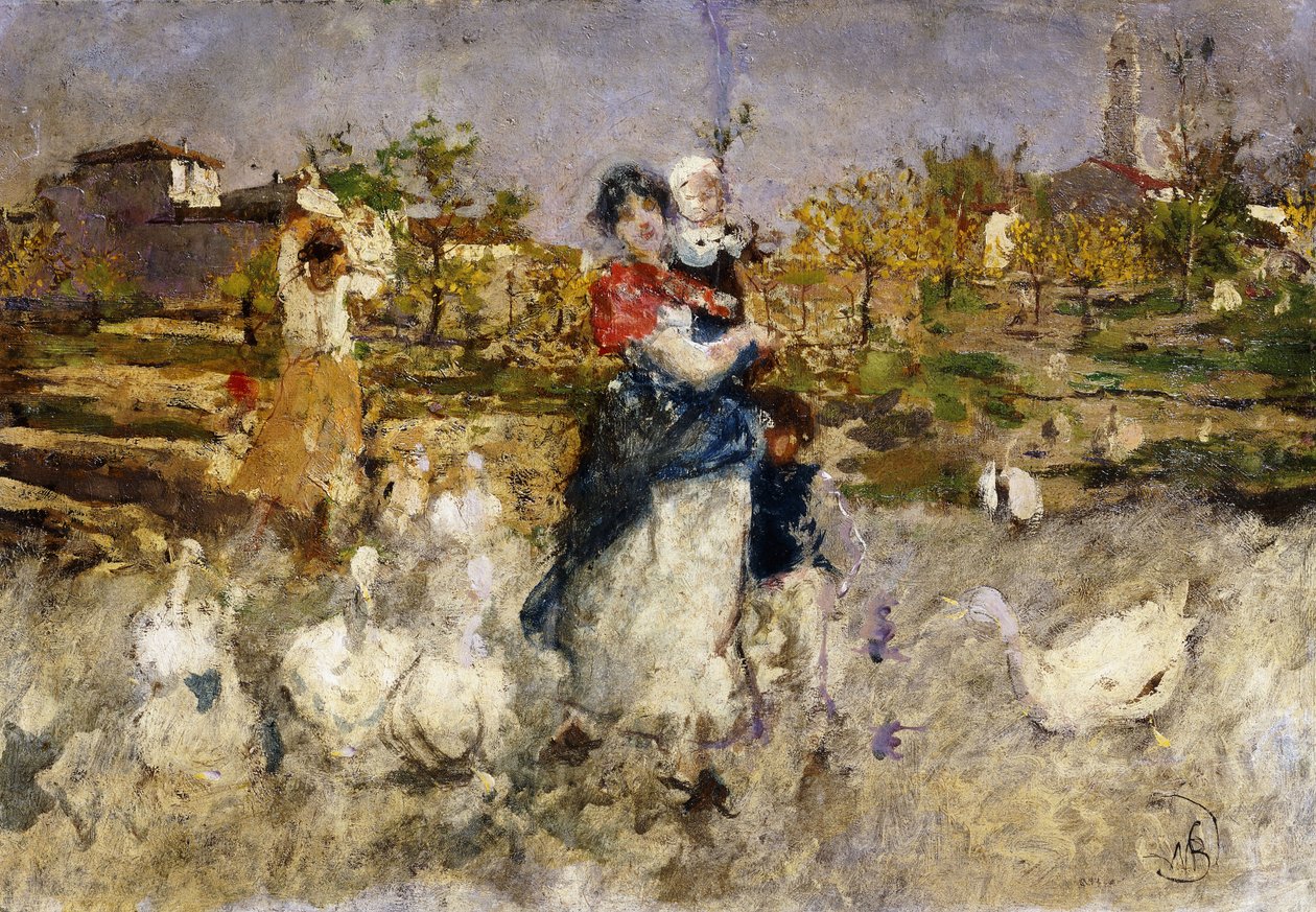 Eine Mutter und Kind mit Gänsen von Mose Bianchi
