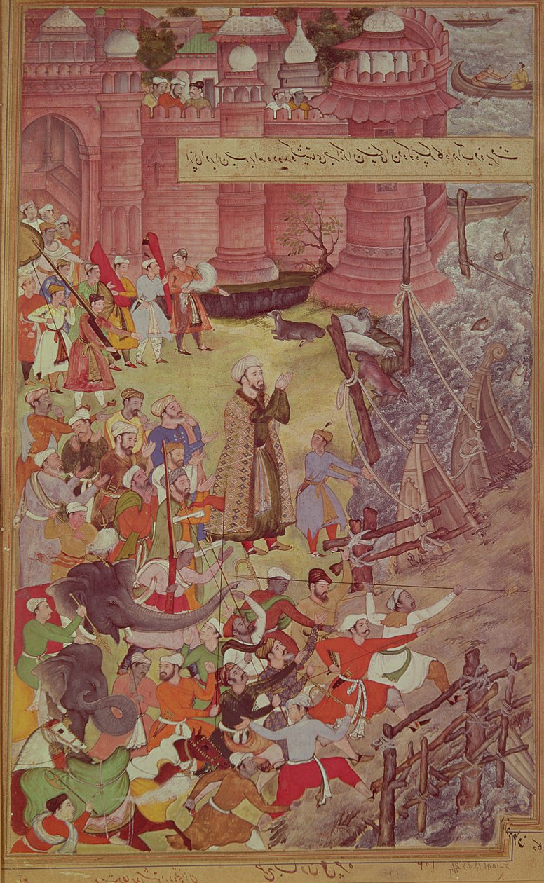 Eine Brücke aus Booten, die von Akbar (r.1556-1605) auf seinem Elefanten beim Überqueren des Flusses Jumna zerstört wurde, aus dem Akbarnama, um 1590, rechte Seite einer Doppelseite von Mughal School