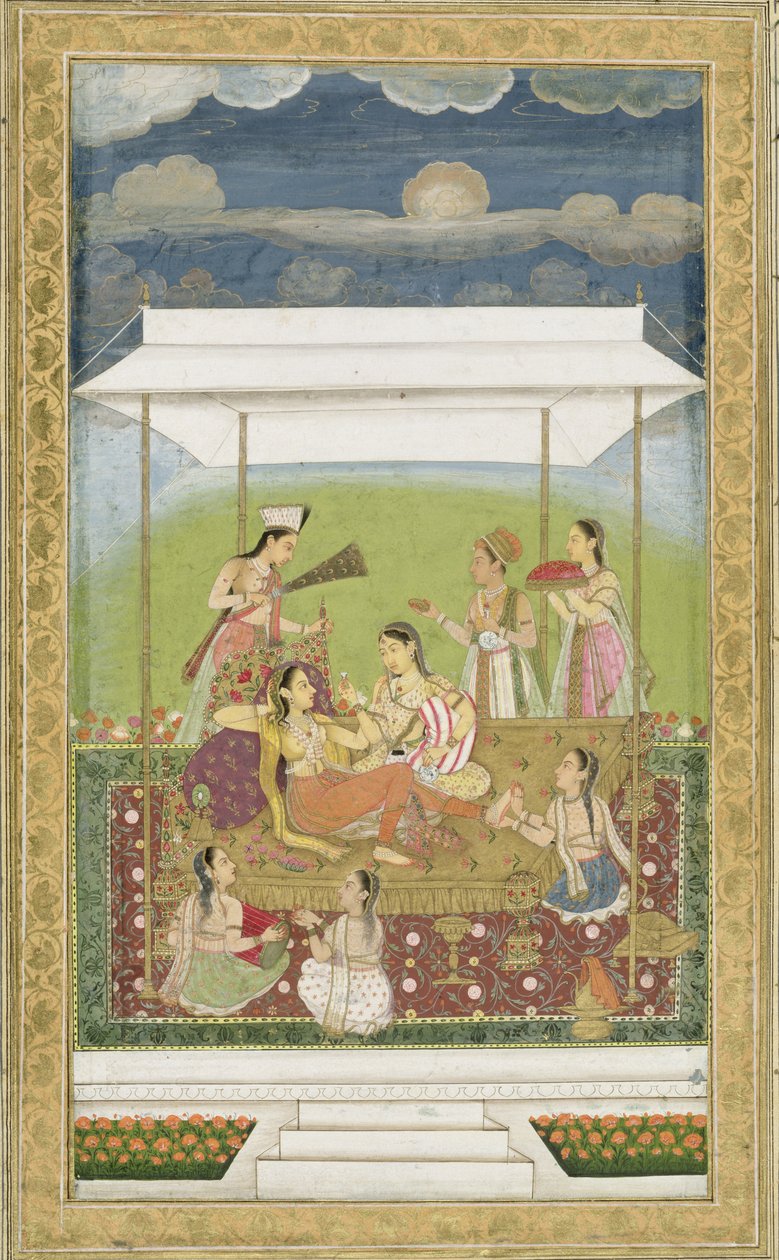 Damen hören Musik in einem Garten, aus dem Small Clive Album von Mughal School