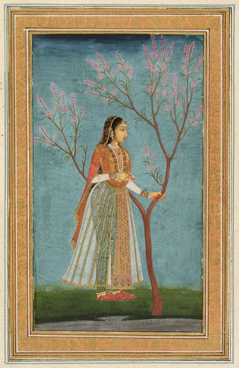 Dame steht neben einem blühenden Baum, aus dem Kleinen Clive-Album von Mughal School