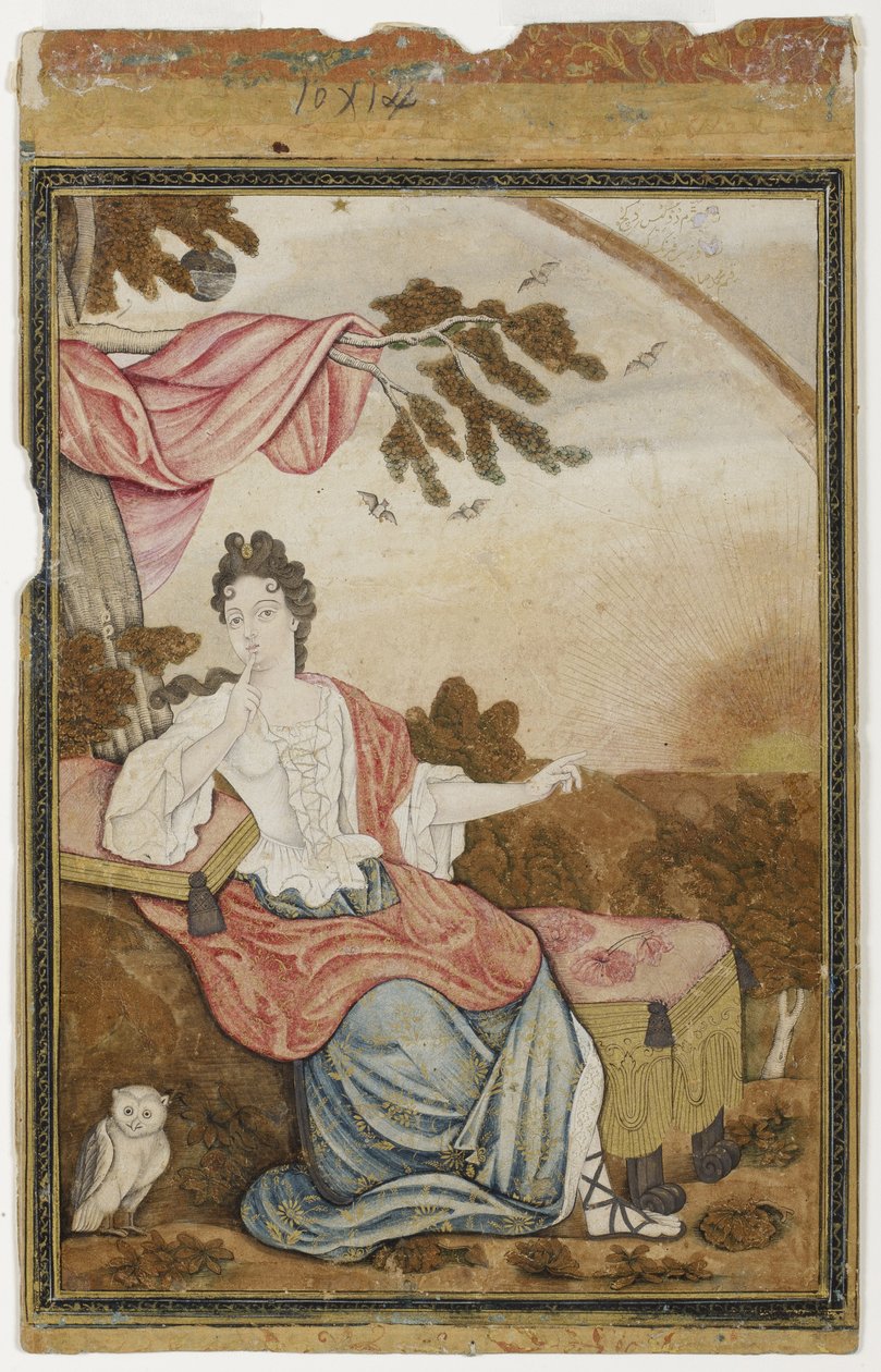 Eine europäische Frau sitzt unter einem Ast, mit einer Eule, 1700-32 von Muhammad Sadiq