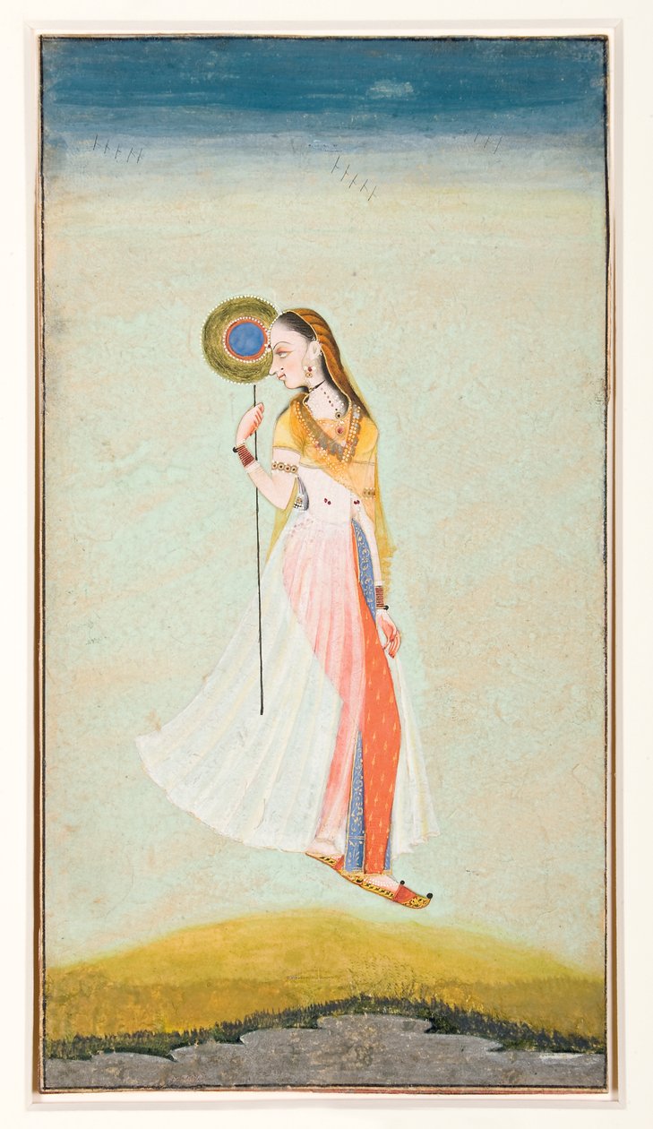 Najar-Bild einer Frau, die einen Fächer hält und über ihre Schulter zurückblickt, 1722 von Murad