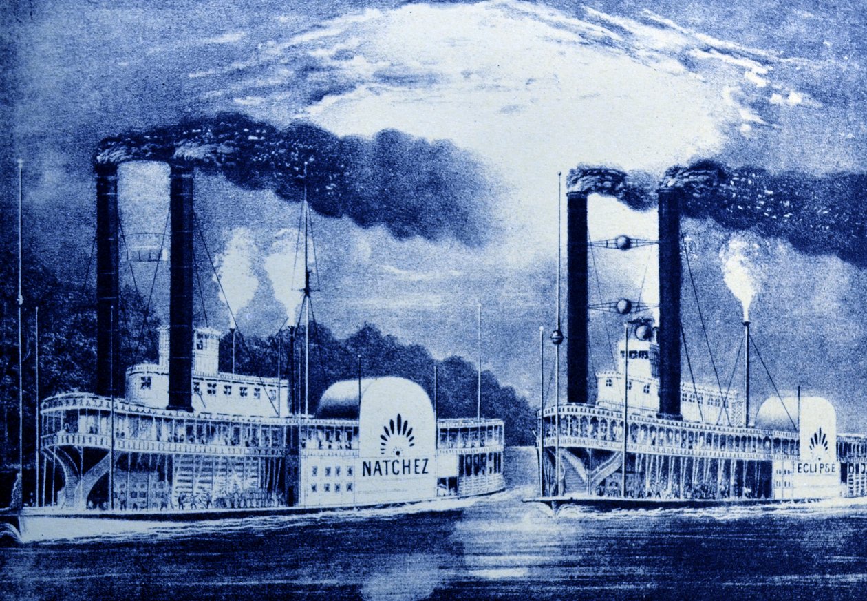 Dampfschiffrennen auf dem Mississippi, Akt IV, Szene III, Jarrett & Palmers Wiederbelebung von Onkel Toms Hütte von N. and Ives, J.M. Currier