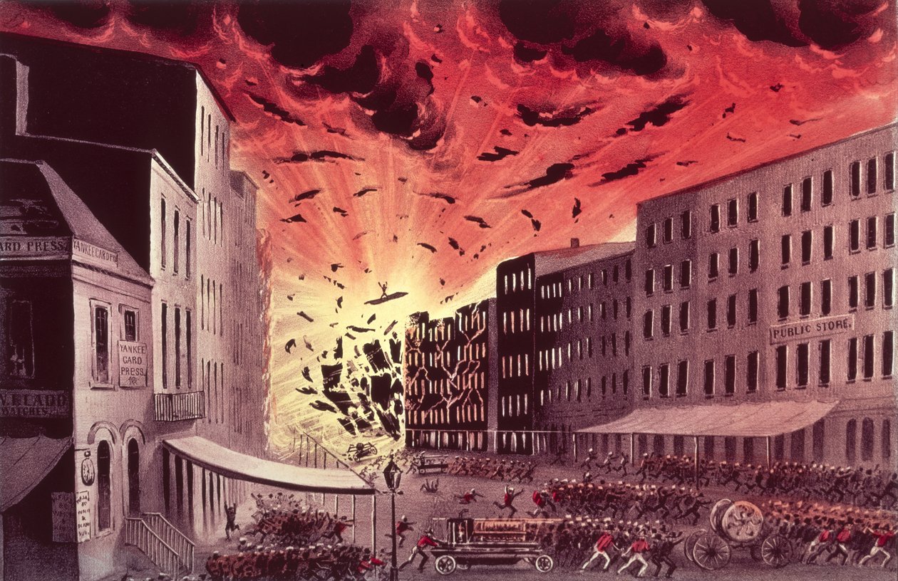 Ansicht der schrecklichen Explosion beim großen Brand in New York, 19. Juli 1845 (Druck) von N. and Ives, J.M. Currier
