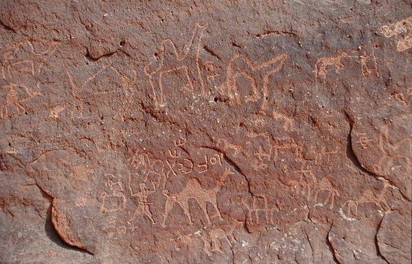 Petroglyphen von der Seite einer Klippe von Nabatean