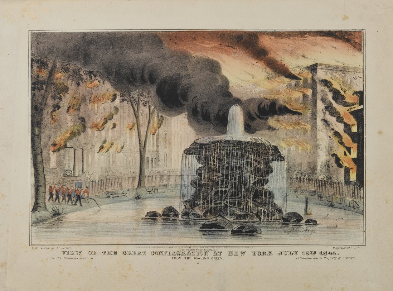 Ansicht des großen Brandes in New York am 10. Juli 1845, vom Bowling Green, veröffentlicht von N. Currier, 1845 von Nathaniel Currier