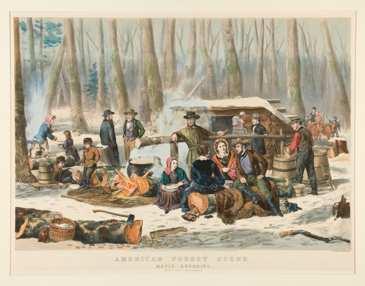 Amerikanische Waldszene, Ahornzuckerherstellung von Nathaniel Currier