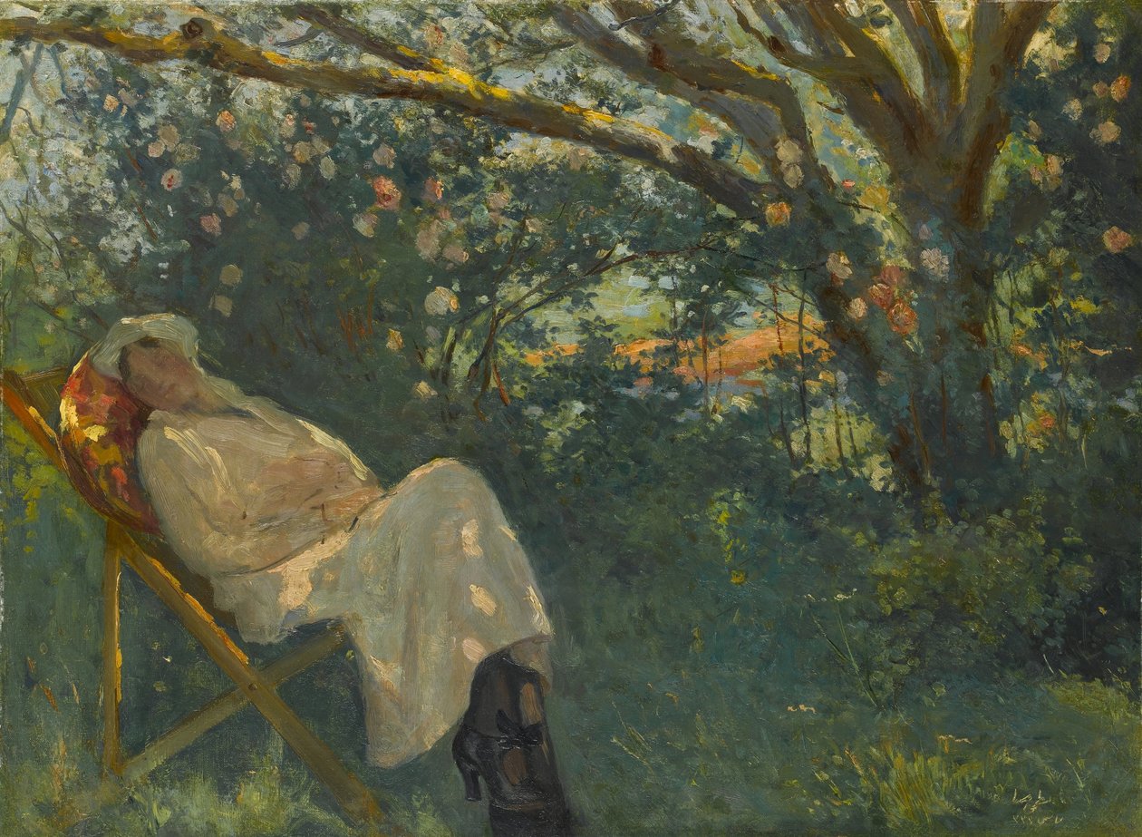 Dame in Rosa auf einer Chaise Longue von Nazmi Ziya Güran