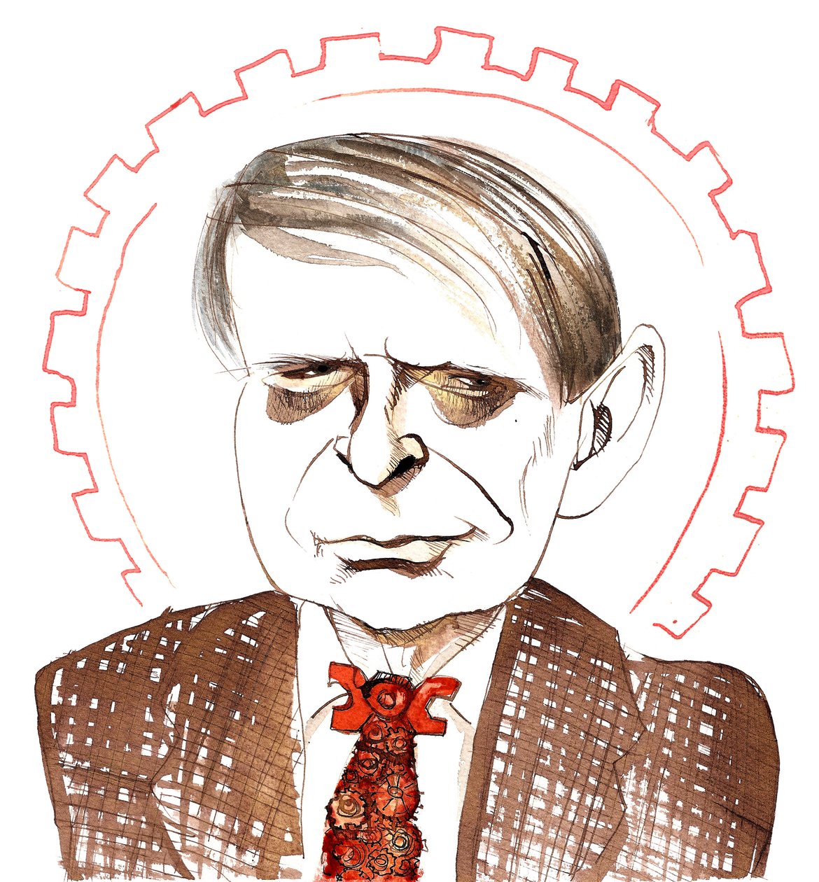 Anthony Burgess, englischer Romanautor, Kritiker, Dichter, Dramatiker, Übersetzer und Komponist; karikiert mit einer Uhrwerk-Orange-Krawatte, in Anspielung auf seine Novelle A Clockwork Orange (1962) von Neale Osborne