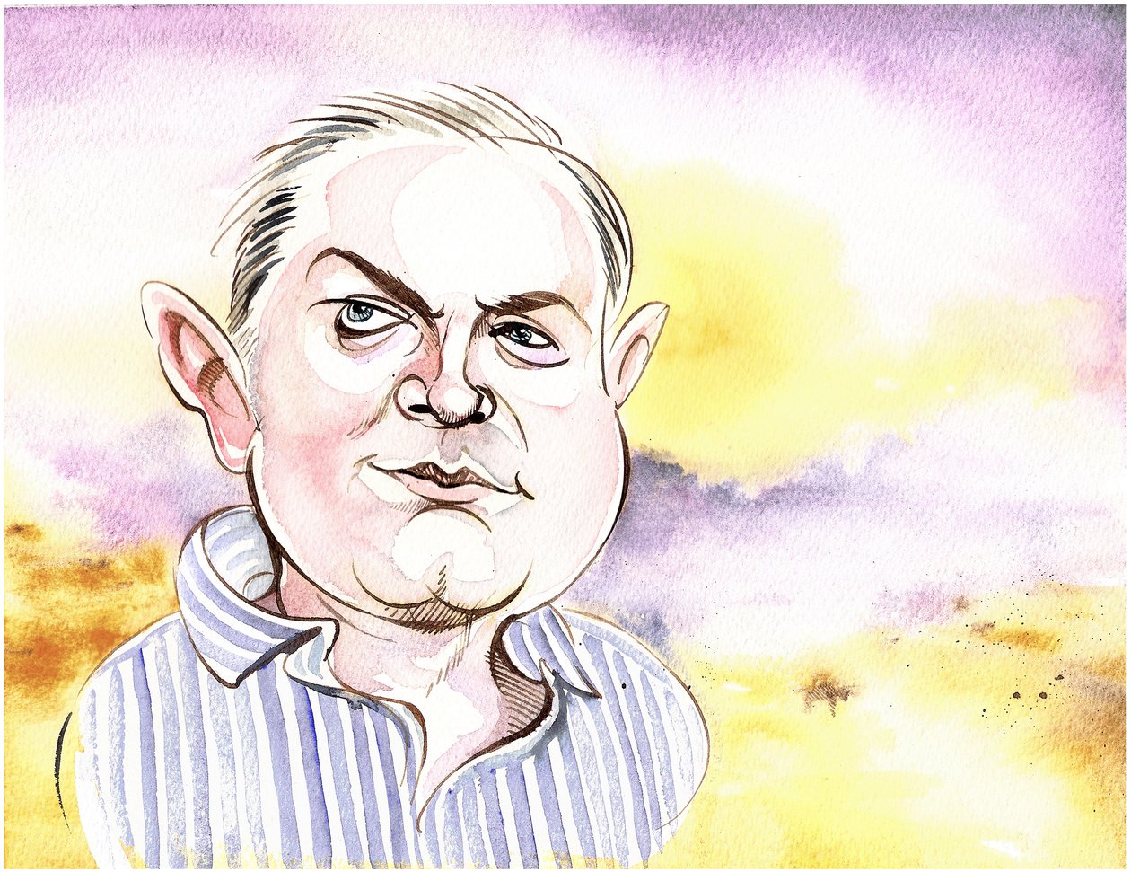 George Benjamin - Karikatur mit Landschaft im Hintergrund, ein Verweis auf At First Light, Benjamins Orchesterwerk von 1982 von Neale Osborne