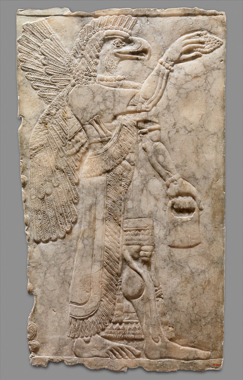 Relieftafel einer geflügelten, adlerköpfigen übernatürlichen Figur, ca. 883-59 v. Chr. (Gipsalabaster) von Neo Assyrian