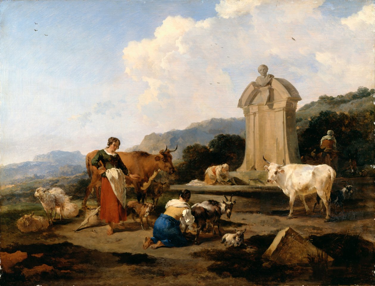 Römischer Brunnen mit Vieh und Figuren (Le Midi) von Nicolaes Pietersz. Berchem